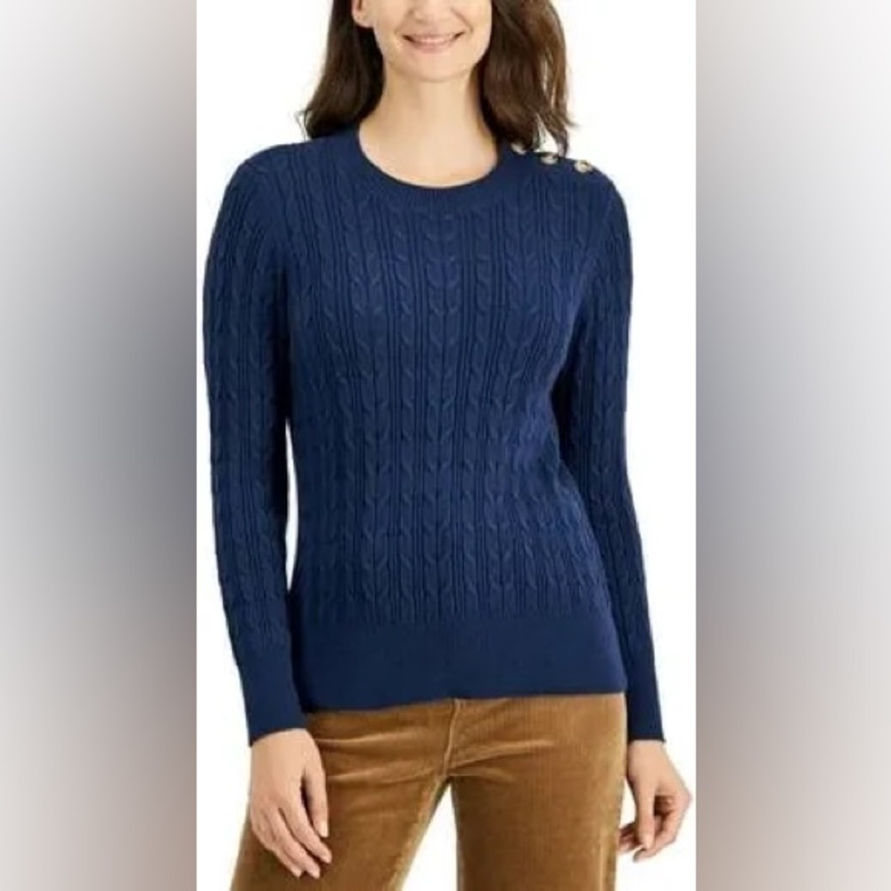 Charter Club Women’s Button-Shoulder Long Sleeve Knit Navy Sweater. R13B